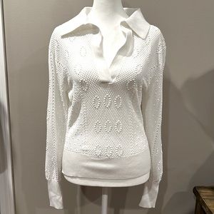 White House Black Market Stitchy V-Neck Polo Collar White Pullover Size XS